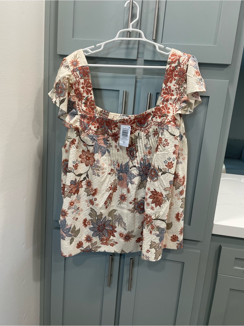torrid Cream Floral Square-Neck Ruffle Sleeve Blouse with Rust & Blue Flowers